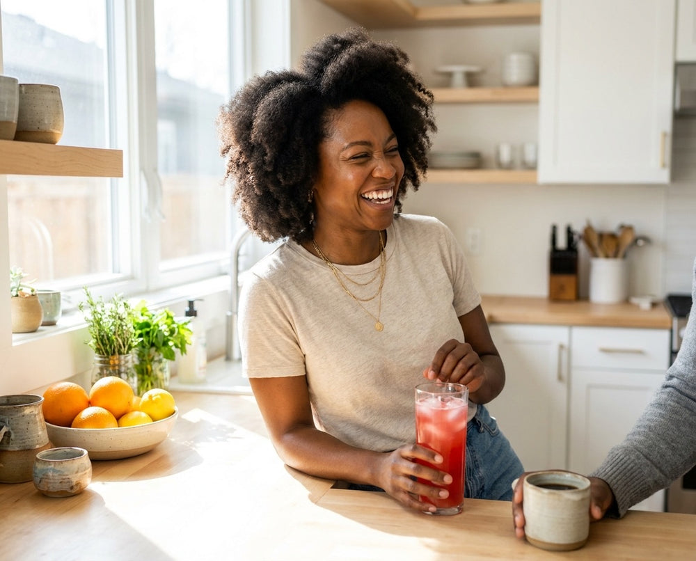 A woman laughing in a sunlit kitchen, holding a tall glass of pink-red Molo drink
