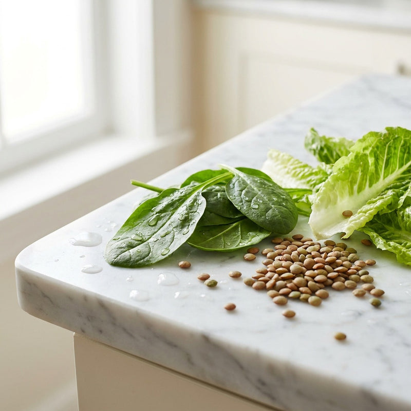 Fresh leafy greens and lentils on marble