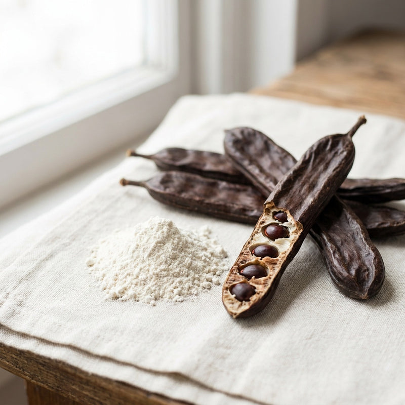 Dried carob pods and a small pile of fine powder on linen