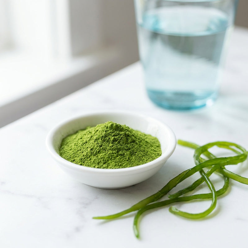 Green algae powder in a ceramic bowl