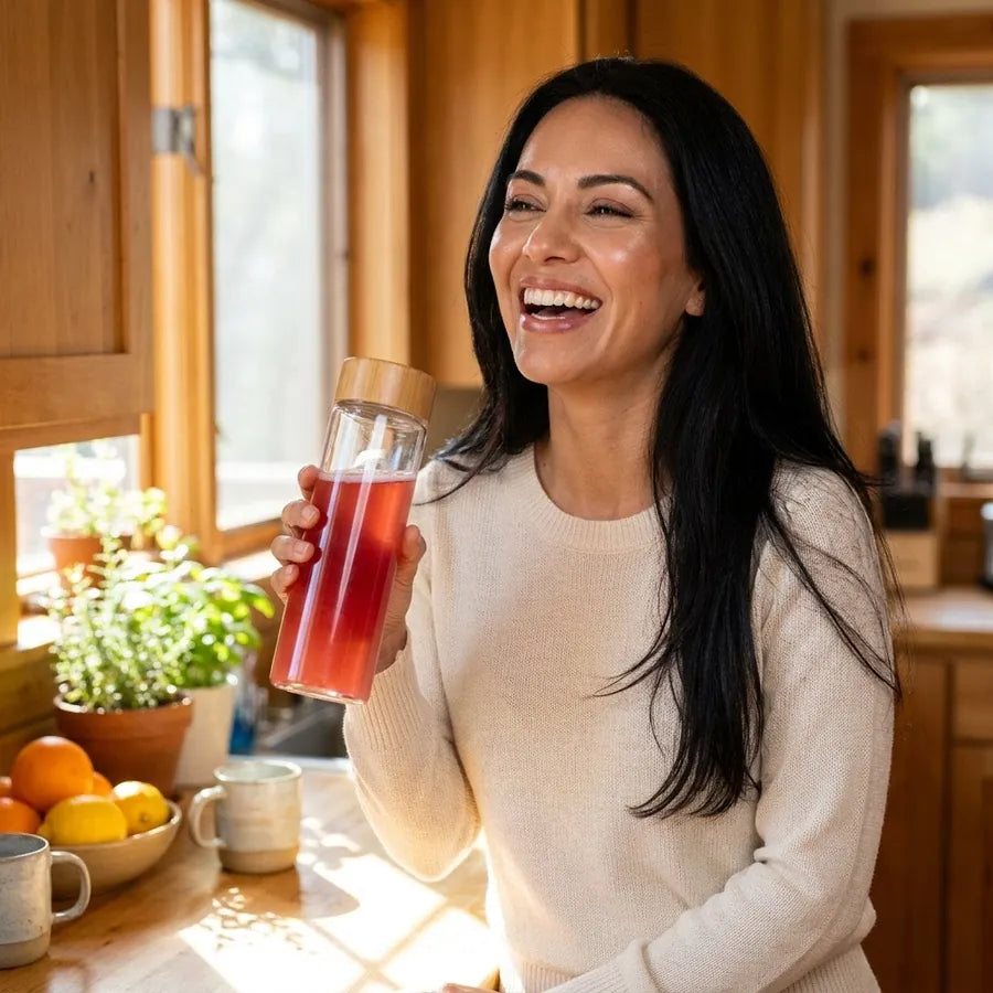 A woman in a sunlit kitchen holding a glass of a deep red Molo drink
