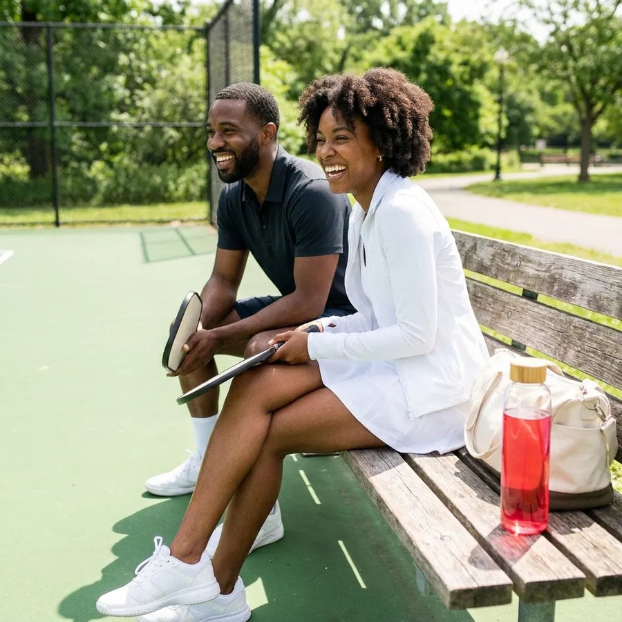 A couple on a park bench with a bottle of Molo