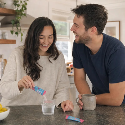 A woman at the kitchen counter pouring a Molo stick into a glass of water