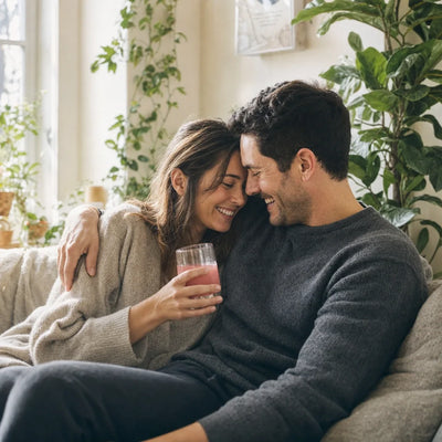 A couple on their sofa, foreheads together, one holding a glass of a pink drink