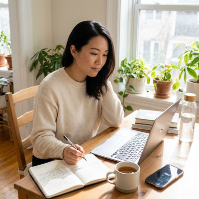A woman at a sunlit desk taking notes beside a laptop and a glass water bottle