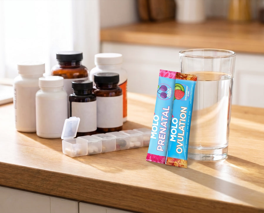 Seven supplement bottles and a pill organizer beside two Molo sticks and a glass of water